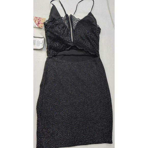 EMERALD SUNDAE SZ S black shimmer lace back bodycon mini dress NWT B59 - Picture 3 of 8